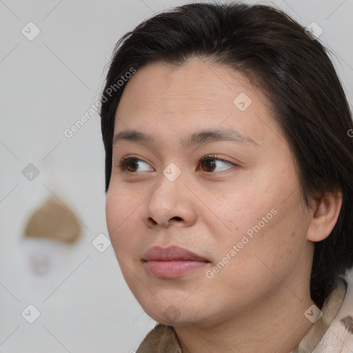 Neutral white young-adult female with medium  brown hair and brown eyes