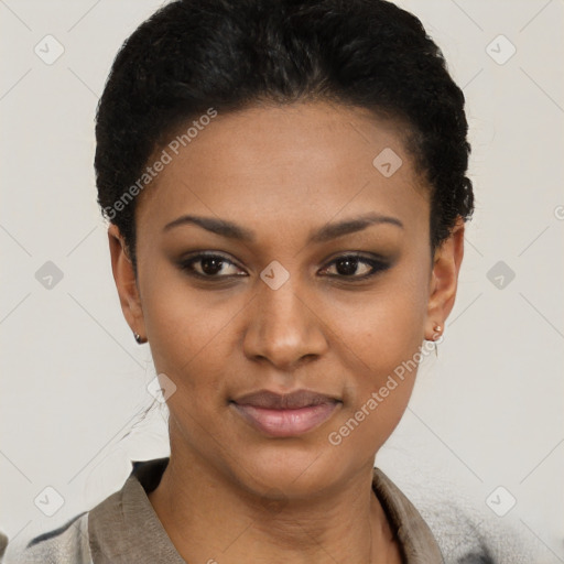 Joyful latino young-adult female with short  brown hair and brown eyes