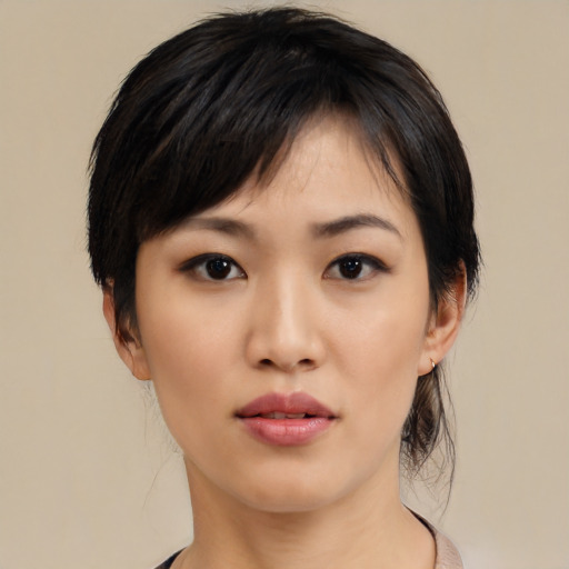 Neutral asian young-adult female with medium  black hair and brown eyes