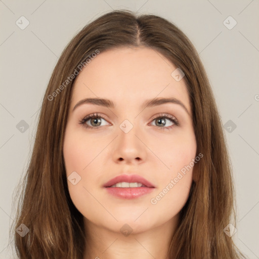 Neutral white young-adult female with long  brown hair and brown eyes