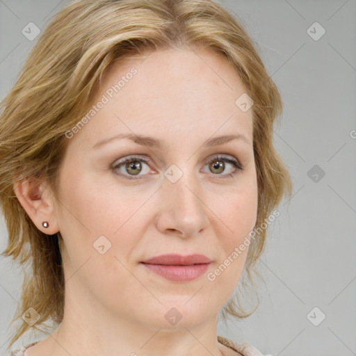 Joyful white young-adult female with medium  brown hair and blue eyes