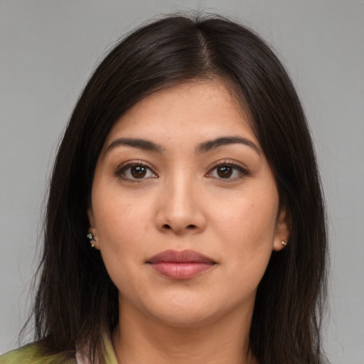 Neutral white young-adult female with medium  brown hair and brown eyes