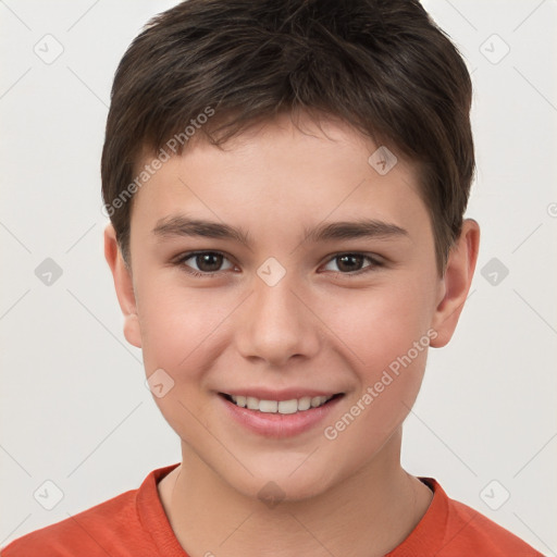 Joyful white child male with short  brown hair and brown eyes