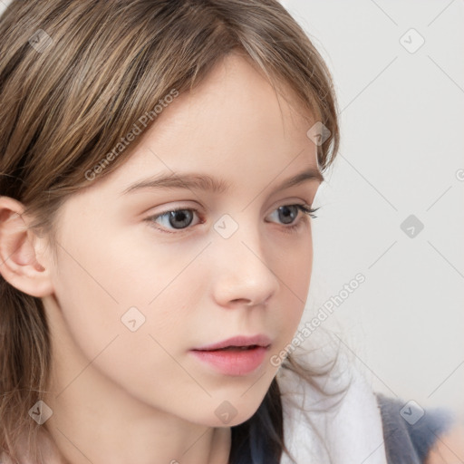 Neutral white young-adult female with long  brown hair and grey eyes