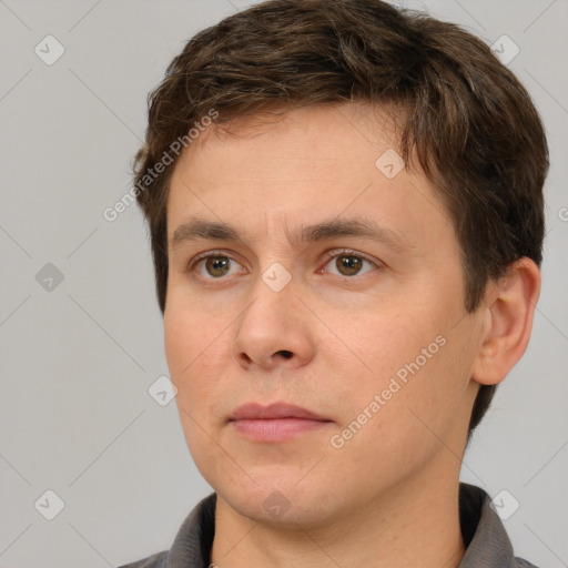 Neutral white young-adult male with short  brown hair and brown eyes