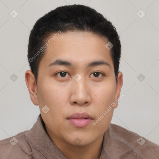 Neutral asian young-adult male with short  brown hair and brown eyes