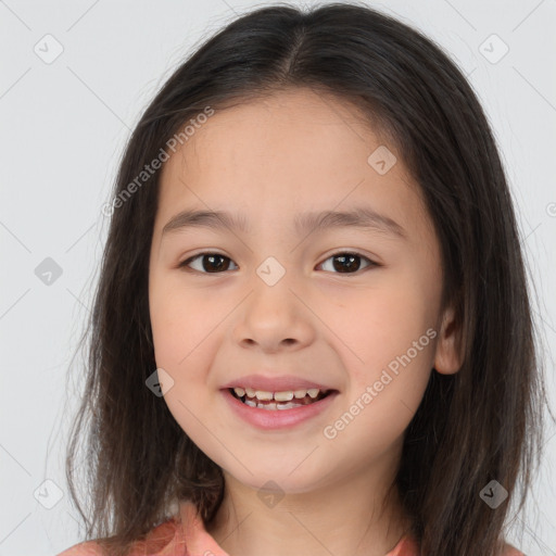 Joyful white child female with medium  brown hair and brown eyes