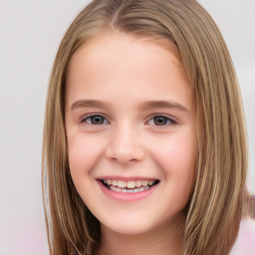 Joyful white child female with long  brown hair and brown eyes