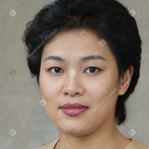Joyful white young-adult female with medium  black hair and brown eyes