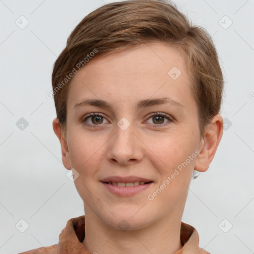 Joyful white young-adult female with short  brown hair and grey eyes