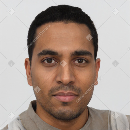 Neutral latino young-adult male with short  black hair and brown eyes