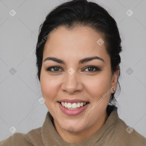 Joyful latino young-adult female with long  brown hair and brown eyes