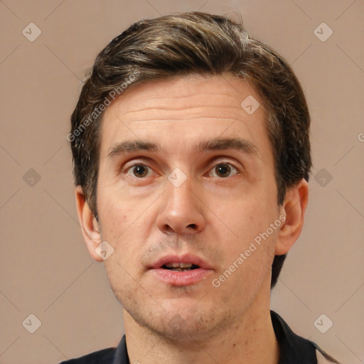 Neutral white adult male with short  brown hair and brown eyes