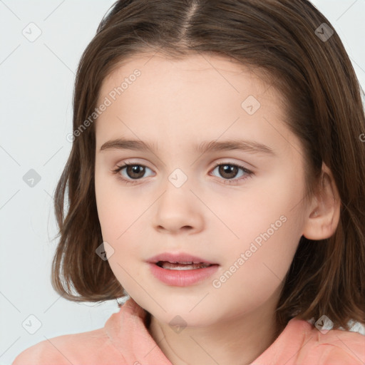 Joyful white child female with medium  brown hair and brown eyes