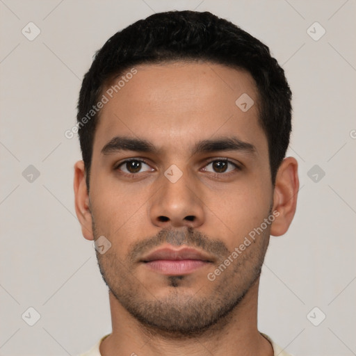 Neutral latino young-adult male with short  black hair and brown eyes