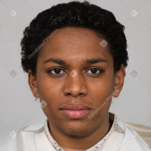 Neutral black young-adult female with short  black hair and brown eyes