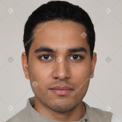 Neutral latino young-adult male with short  black hair and brown eyes