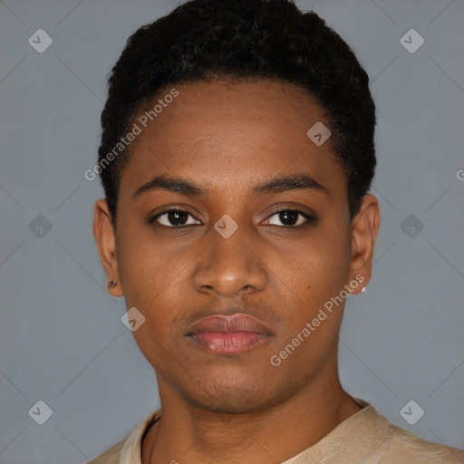 Neutral black young-adult male with short  black hair and brown eyes