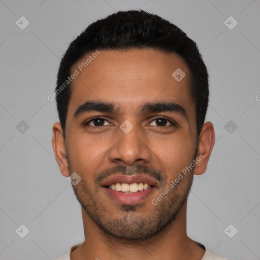 Joyful latino young-adult male with short  black hair and brown eyes