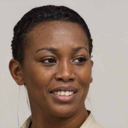Joyful black young-adult female with short  black hair and brown eyes