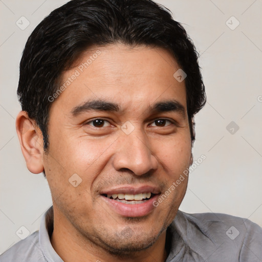 Joyful white adult male with short  brown hair and brown eyes