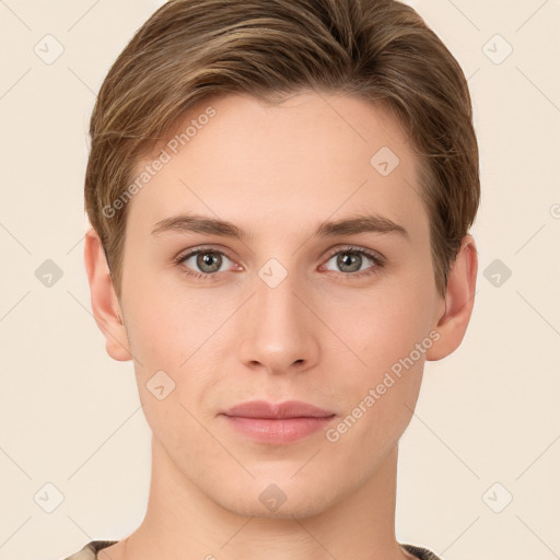 Joyful white young-adult female with short  brown hair and grey eyes