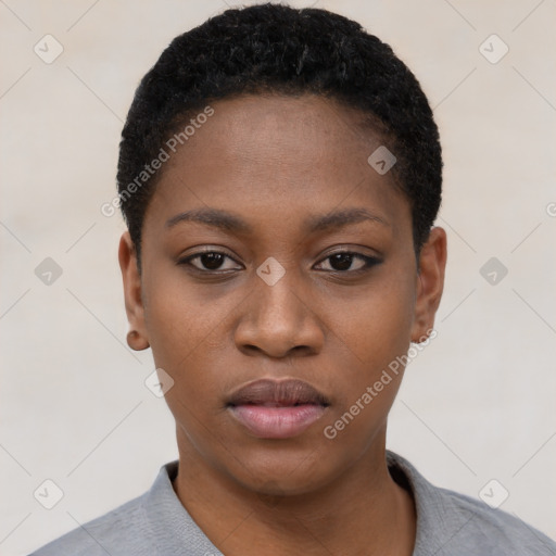 Neutral black young-adult female with short  black hair and brown eyes