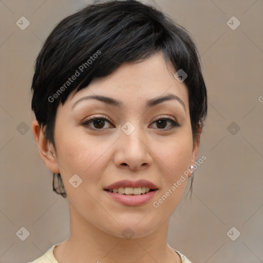 Joyful white young-adult female with medium  brown hair and brown eyes