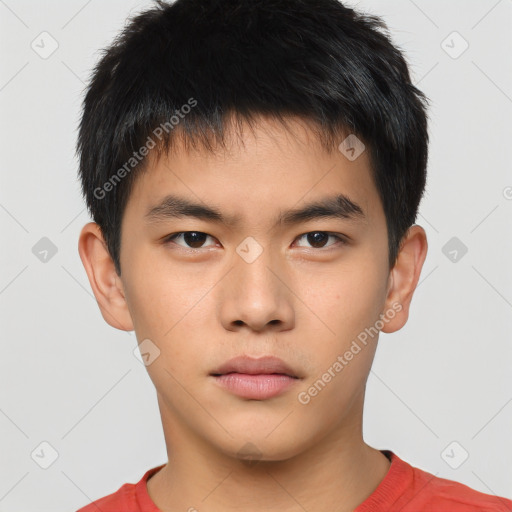 Neutral asian young-adult male with short  brown hair and brown eyes