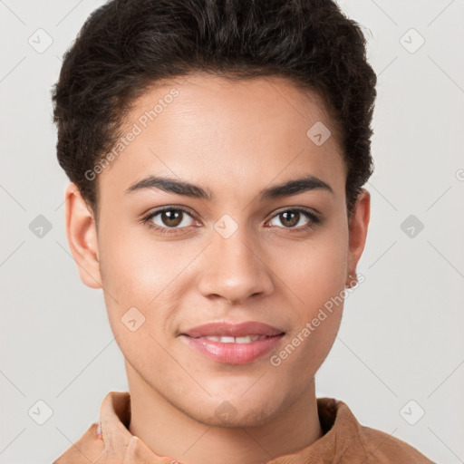 Joyful white young-adult female with short  brown hair and brown eyes