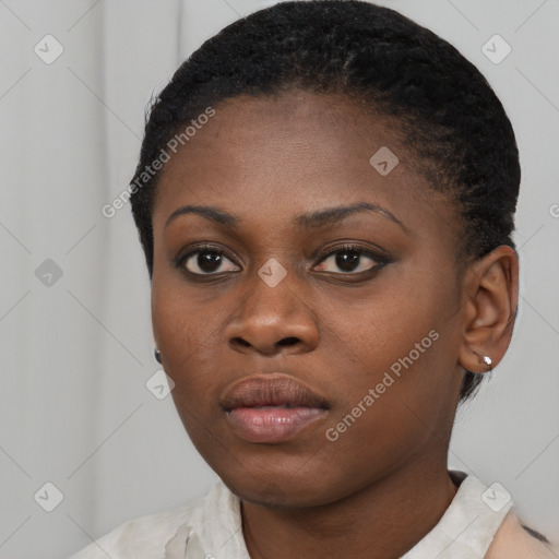Neutral black young-adult female with short  black hair and brown eyes