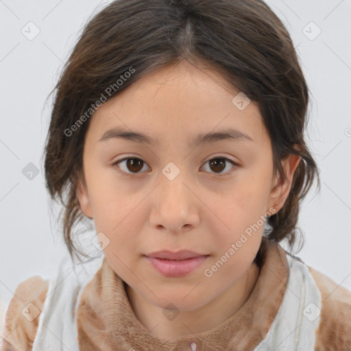 Joyful white child female with medium  brown hair and brown eyes