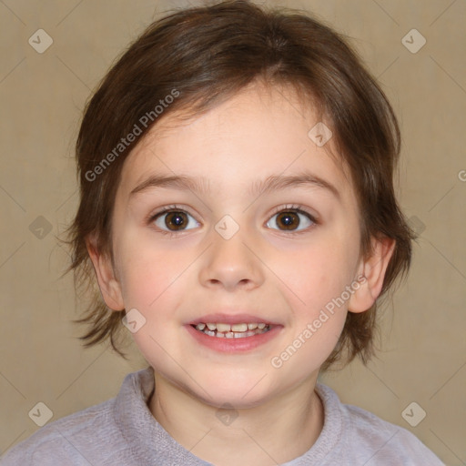 Joyful white child female with medium  brown hair and brown eyes