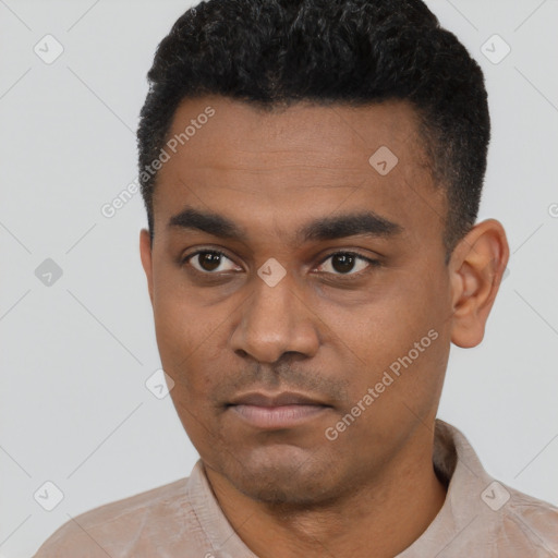 Neutral latino young-adult male with short  black hair and brown eyes