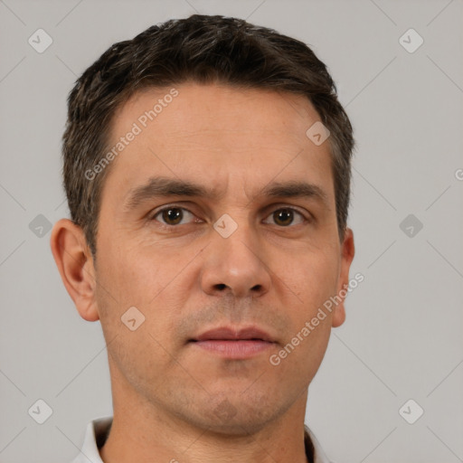 Neutral white adult male with short  brown hair and brown eyes