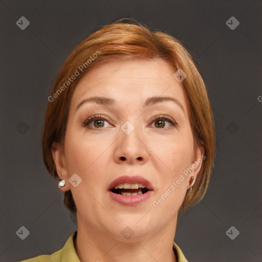 Joyful white adult female with short  brown hair and brown eyes