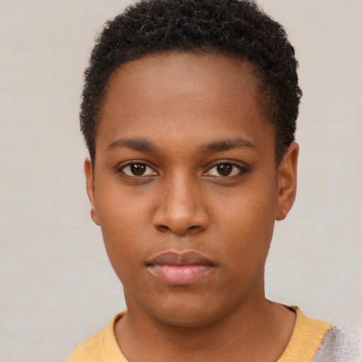 Neutral black young-adult female with short  brown hair and brown eyes