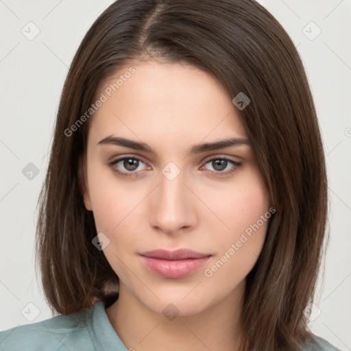 Neutral white young-adult female with medium  brown hair and brown eyes