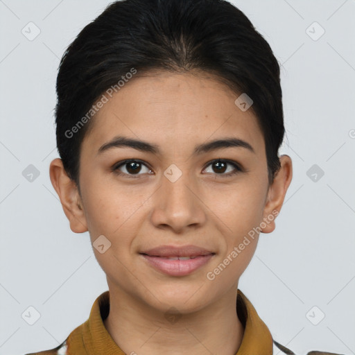 Joyful asian young-adult female with short  brown hair and brown eyes