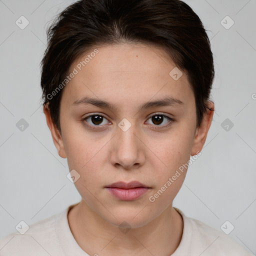 Neutral white young-adult female with short  brown hair and brown eyes