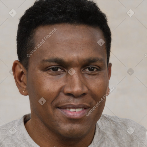 Joyful black young-adult male with short  brown hair and brown eyes