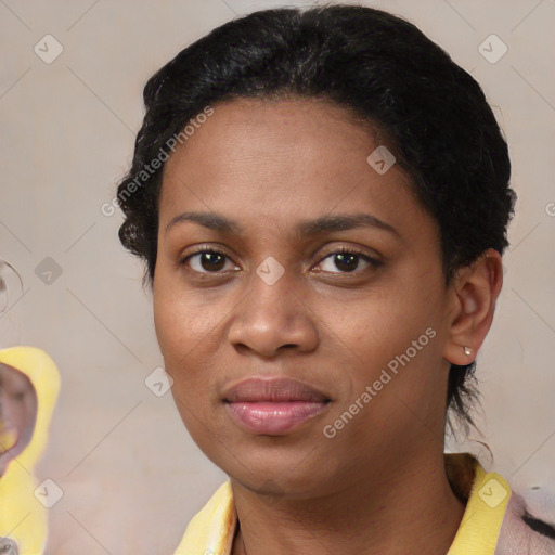 Joyful latino young-adult female with medium  brown hair and brown eyes