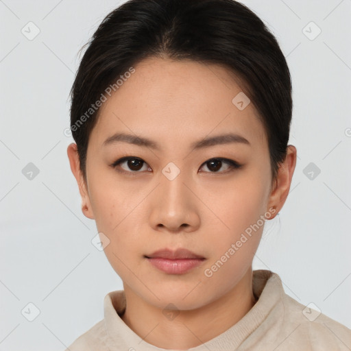 Neutral asian young-adult female with short  brown hair and brown eyes