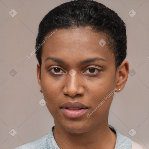 Joyful latino young-adult female with short  black hair and brown eyes