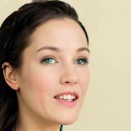 Joyful white young-adult female with long  brown hair and green eyes