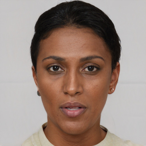 Neutral black young-adult female with short  brown hair and brown eyes