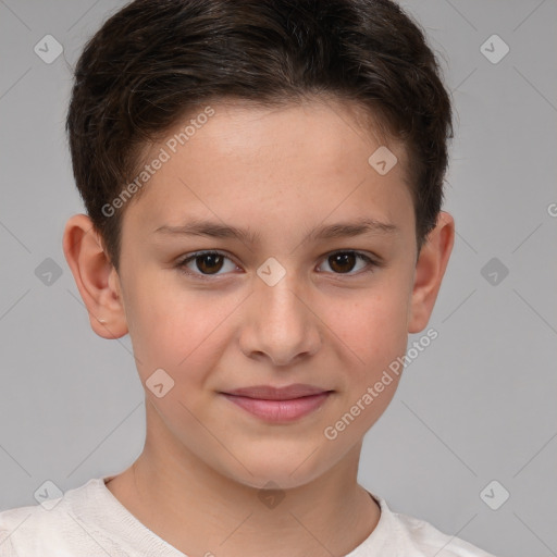 Joyful white child female with short  brown hair and brown eyes