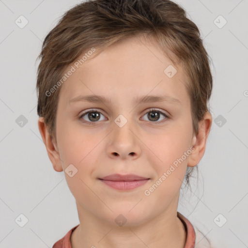 Joyful white child female with short  brown hair and brown eyes