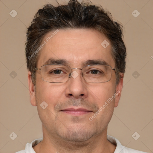 Neutral white adult male with short  brown hair and brown eyes