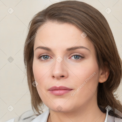 Neutral white young-adult female with medium  brown hair and grey eyes